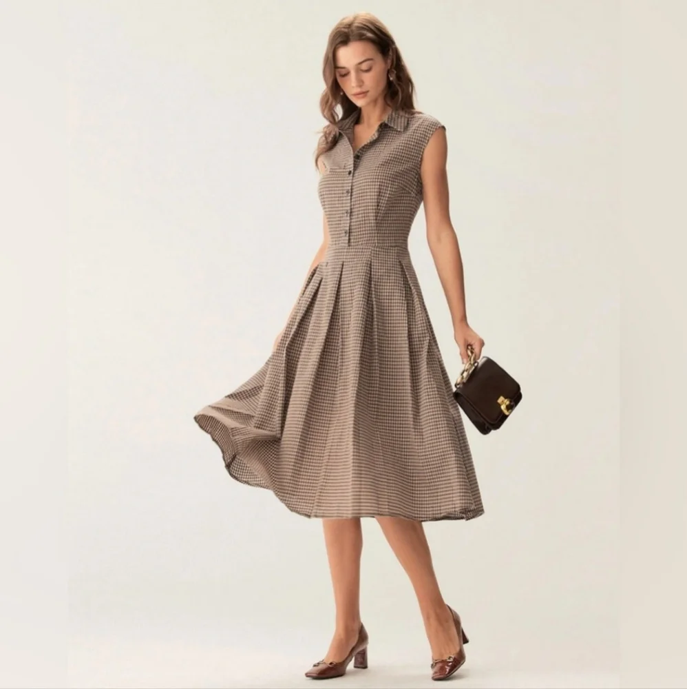 NWT Rihoas Brown Plaid Button Pleated Midi Dress - Picture 5 of 17